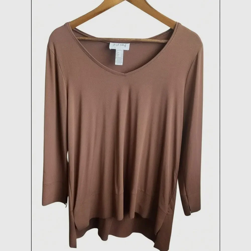 Joseph Ribkoff Brown Draped V-Neck High Low Top Size 10 Made in Canada